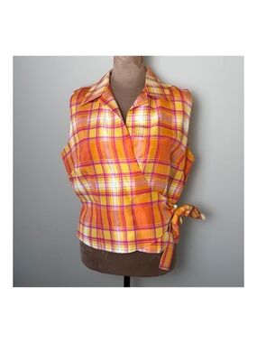 Vintage Ice 100% Silk Wrap Shirt Womens Medium Orange Pink Plaid Top Blouse